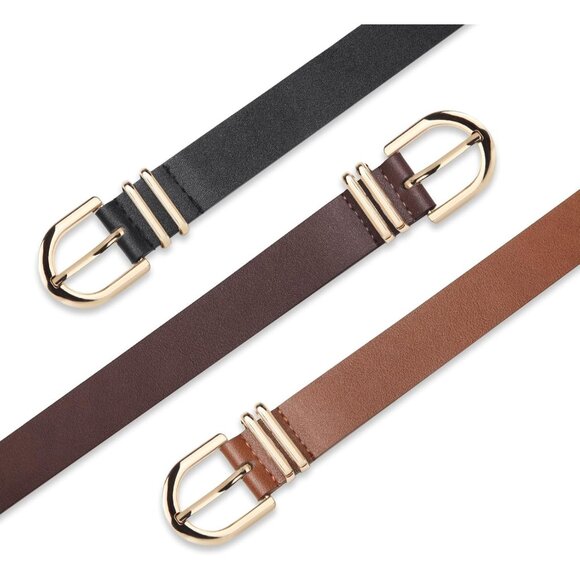 Pack 3 Women's Belts for Jeans Pants Gold Buckle Leather Belts Black Coffee - Picture 2 of 5